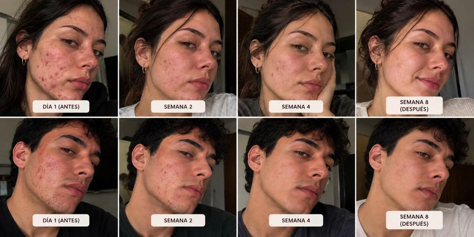 Antes y después: día 1, semana 2, semana 4 y semana 8