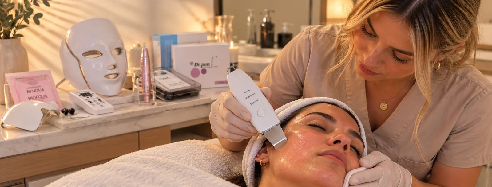 Esteticista haciendo una limpieza facial con equipos COPO