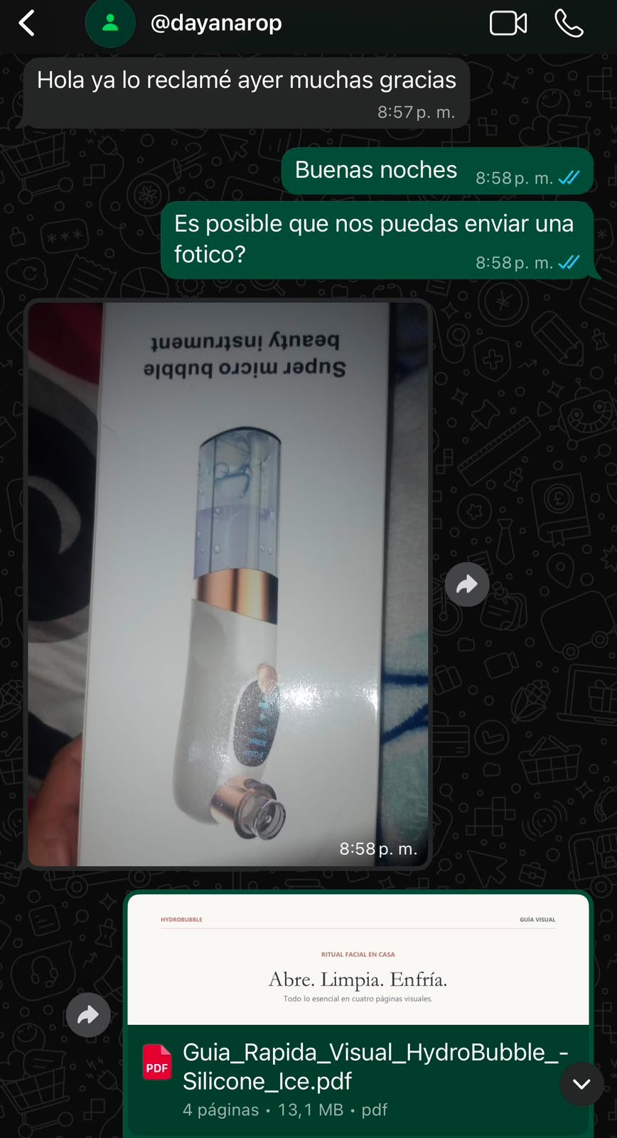 Captura de WhatsApp de un cliente confirmando que recibió su pedido