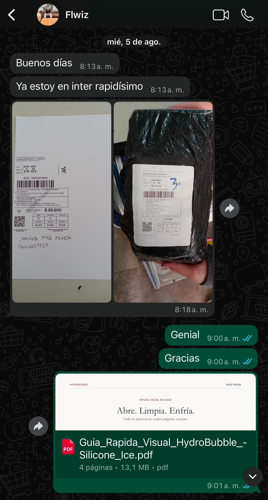 Captura de WhatsApp de un cliente confirmando que recibió su pedido
