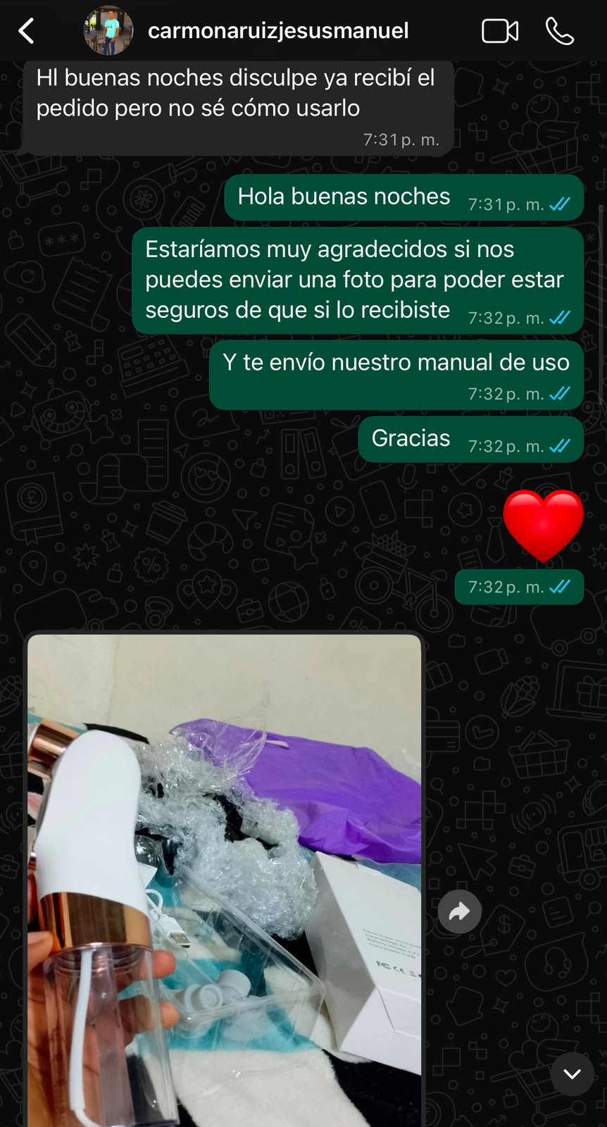 Captura de WhatsApp de un cliente confirmando que recibió su pedido